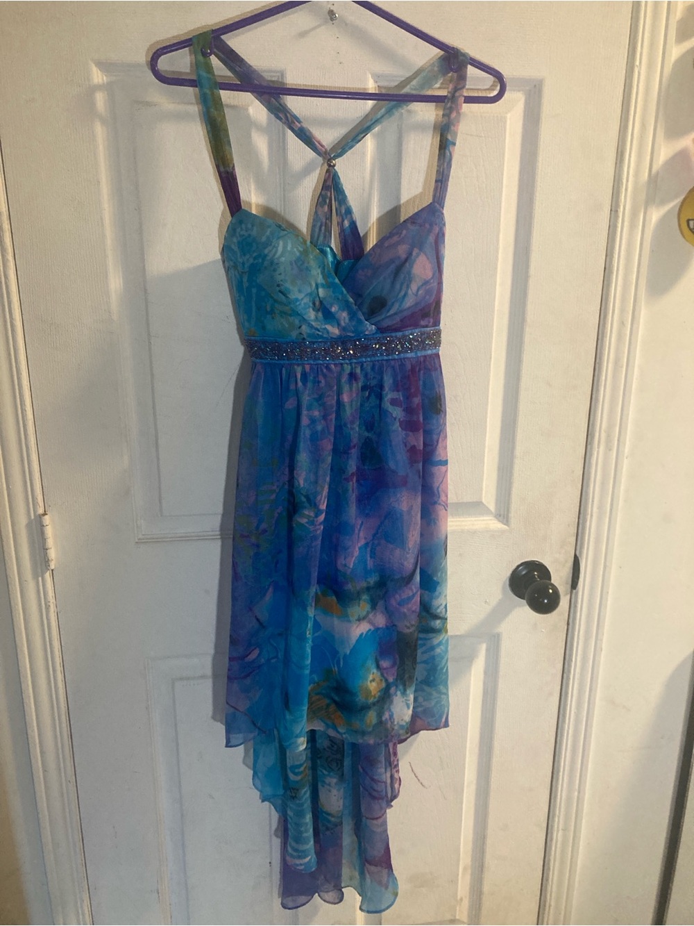 Laura Petite 
Asymmetrical Blue-Purple Print High-Low Dress